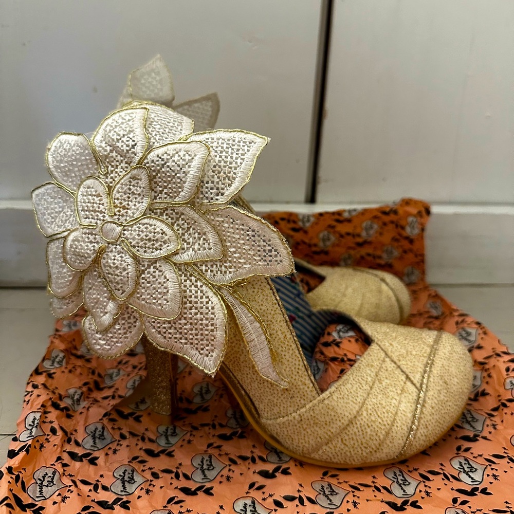 Irregular Choice Gold and White Heels with Floral Embellishment - Unworn